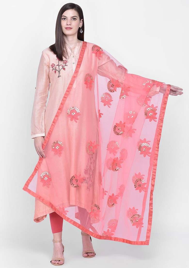 Coral Red Embroidered Sequinned Dupatta - Indya