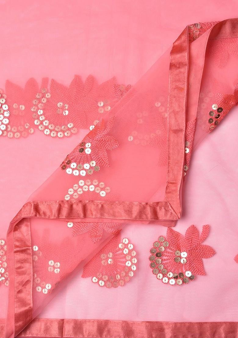 Coral Red Embroidered Sequinned Dupatta