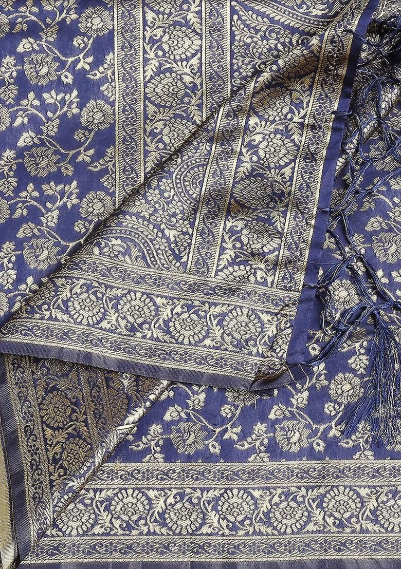 Navy Blue And Gold Toned Woven Design Dupatta