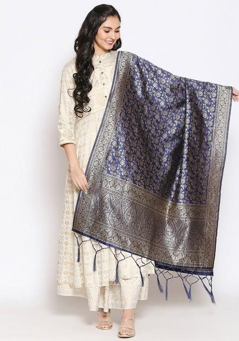 Navy Blue And Gold Toned Woven Design Dupatta