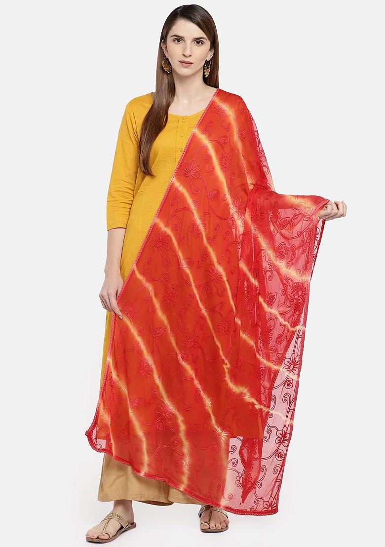 Red And Beige Embroidered Dupatta
