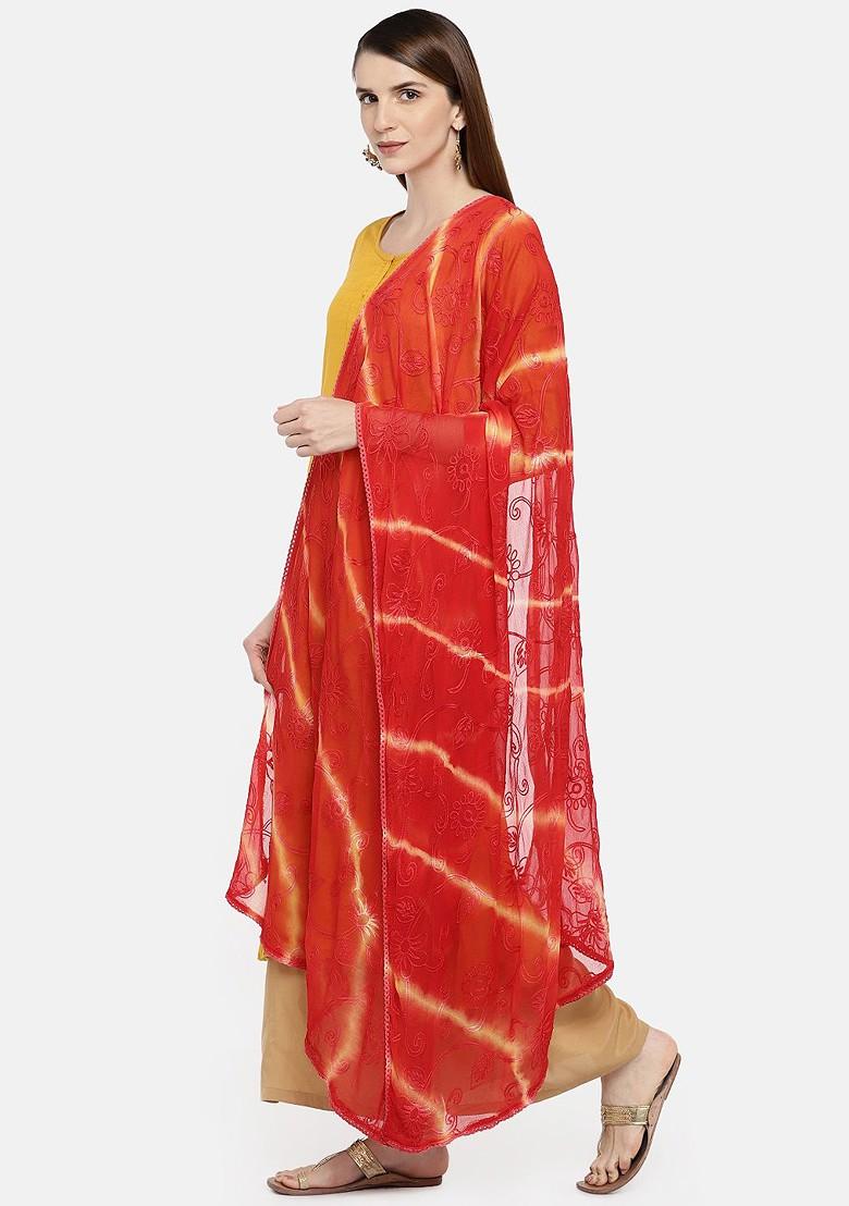 Red And Beige Embroidered Dupatta