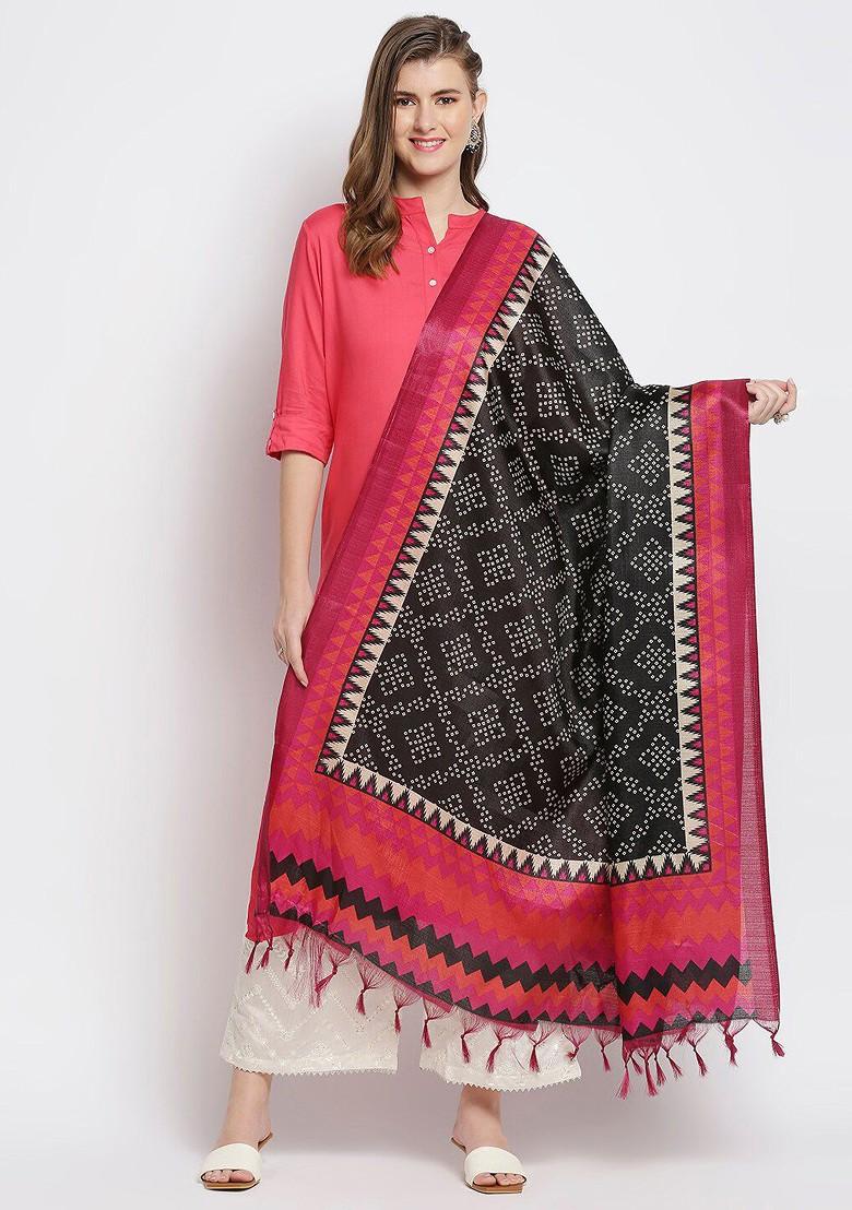 Black And Pink Printed Art Silk Dupatta