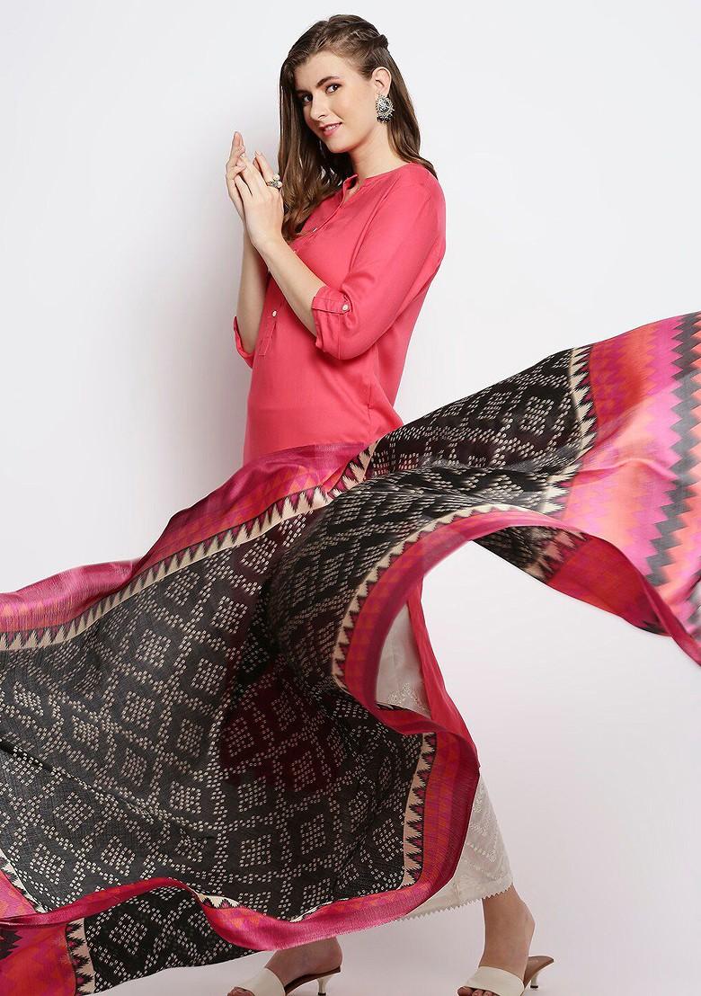 Black And Pink Printed Art Silk Dupatta