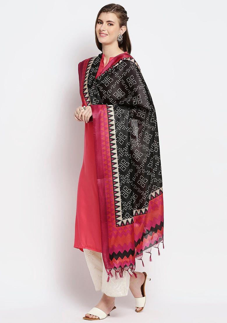 Black And Pink Printed Art Silk Dupatta