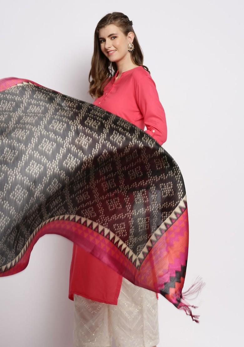 Black And Pink Printed Art Silk Dupatta