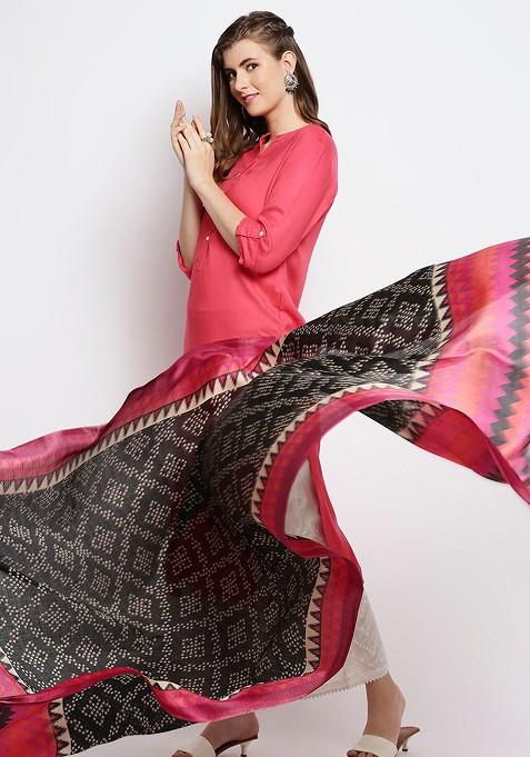 Black And Pink Printed Art Silk Dupatta