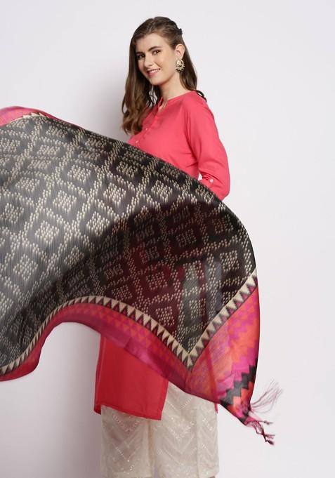 Black And Pink Printed Art Silk Dupatta