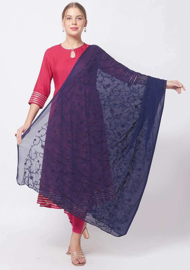 Navy Blue Embroidered Dupatta - Indya