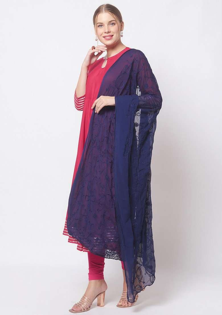 Navy Blue Embroidered Dupatta - Indya