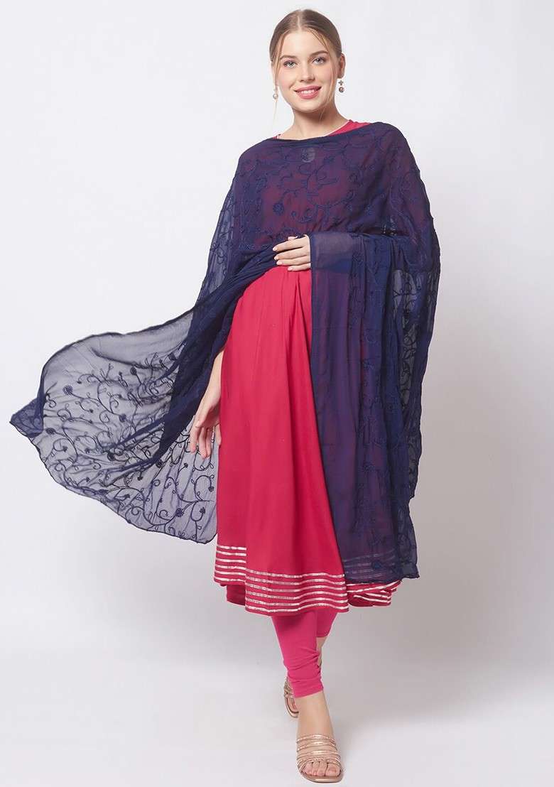 Navy Blue Embroidered Dupatta - Indya