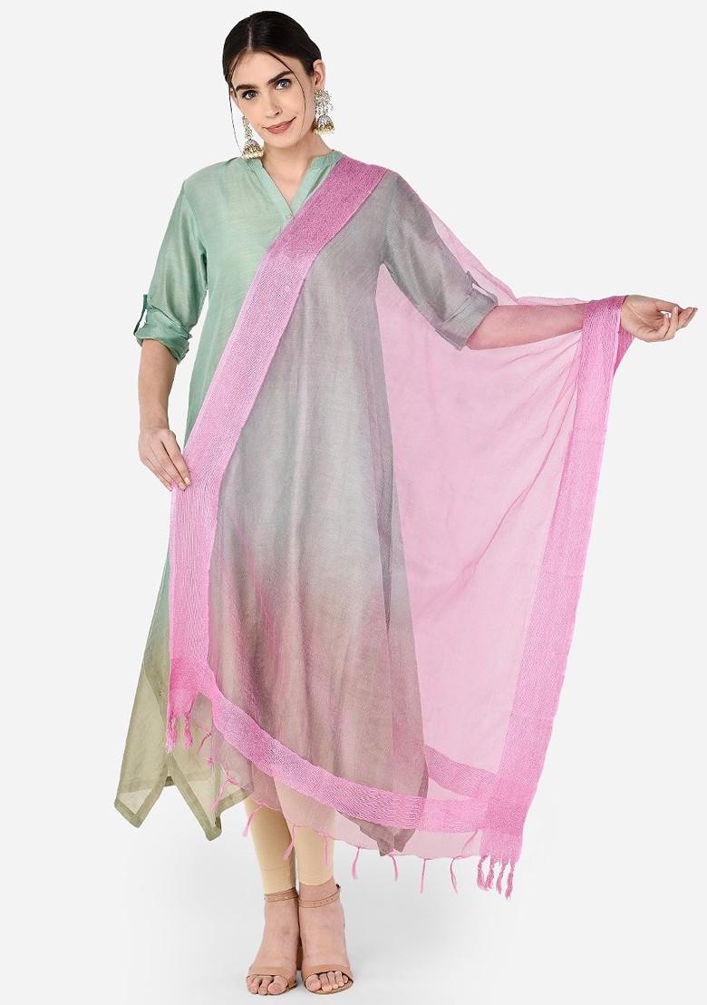 Pink Solid Organza Dupatta With Jute Border