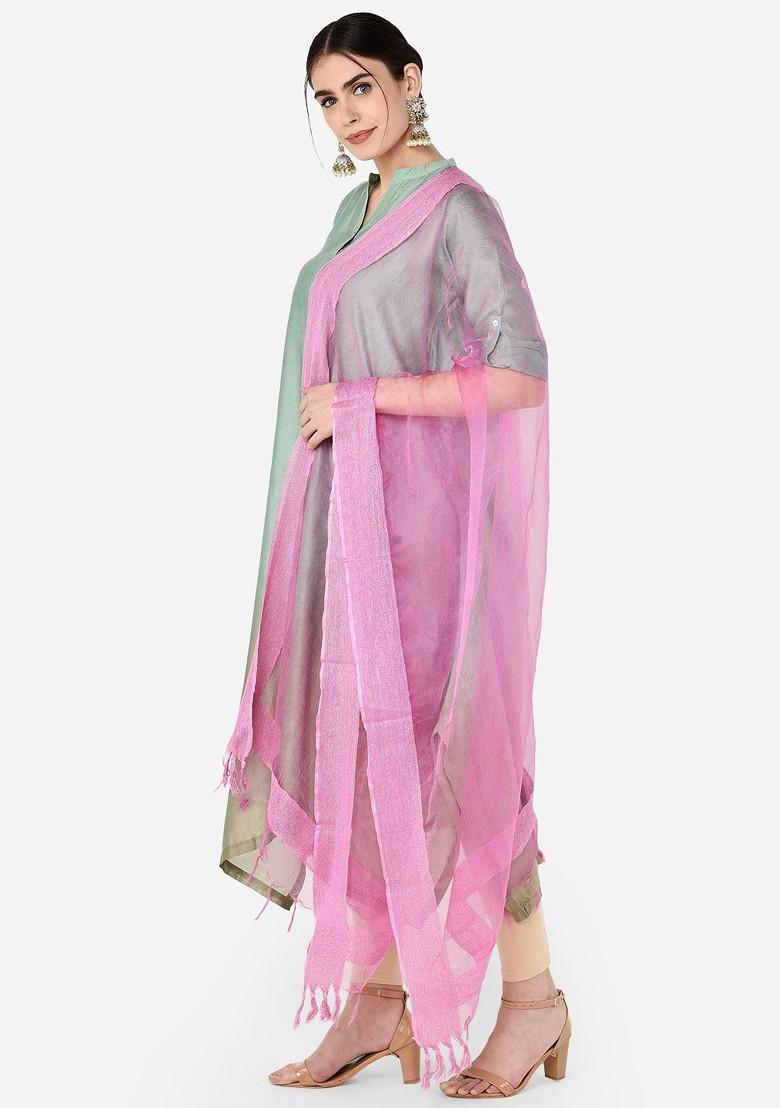 Pink Solid Organza Dupatta With Jute Border