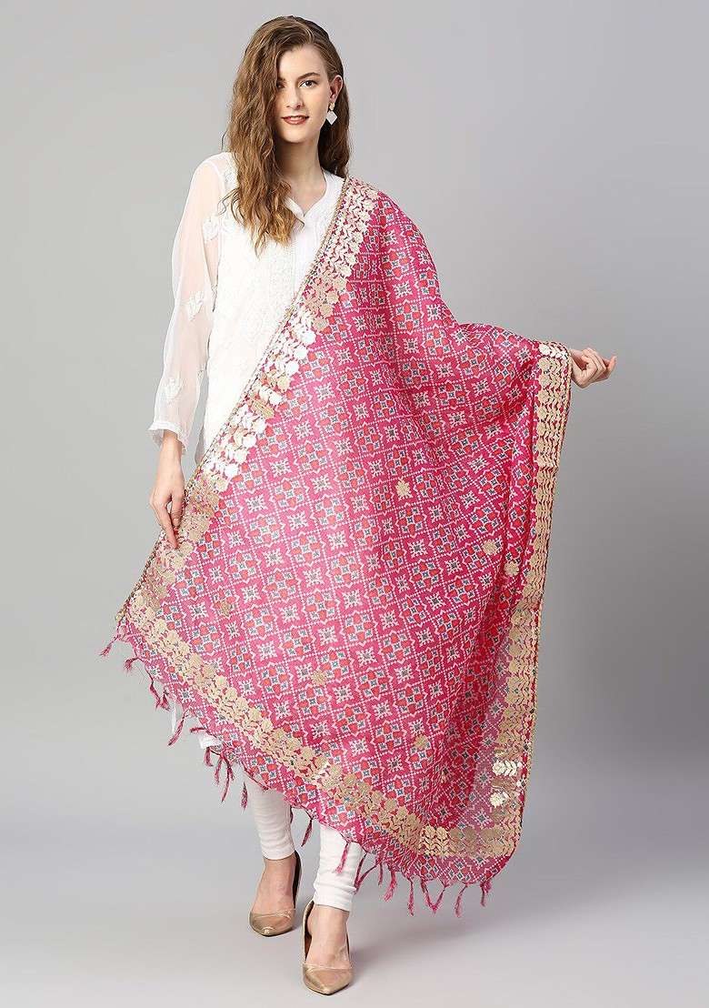 Pink And Gold Toned Ikat Printed Ikat Dupatta With Gotta Patti - Indya