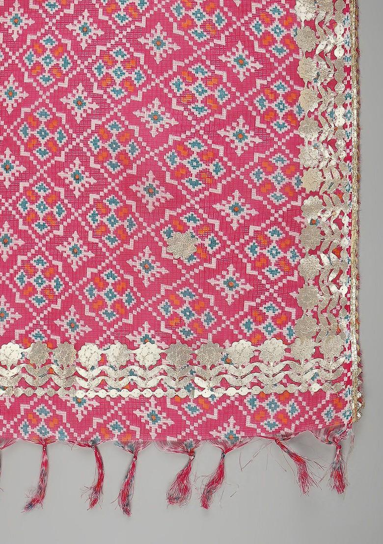 Pink And Gold Toned Ikat Printed Ikat Dupatta With Gotta Patti