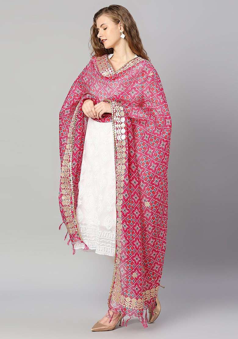 Pink And Gold Toned Ikat Printed Ikat Dupatta With Gotta Patti - Indya