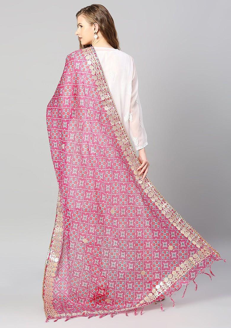 Pink And Gold Toned Ikat Printed Ikat Dupatta With Gotta Patti