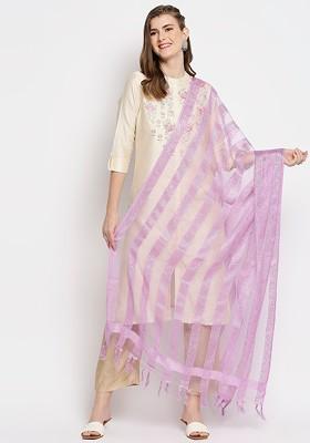 Mauve And Silver Toned Woven Design Organza Dupatta