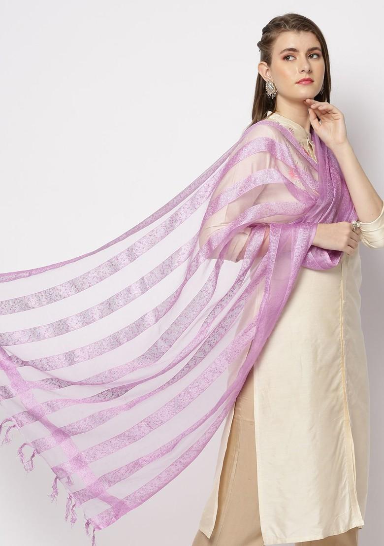 Mauve And Silver Toned Woven Design Organza Dupatta