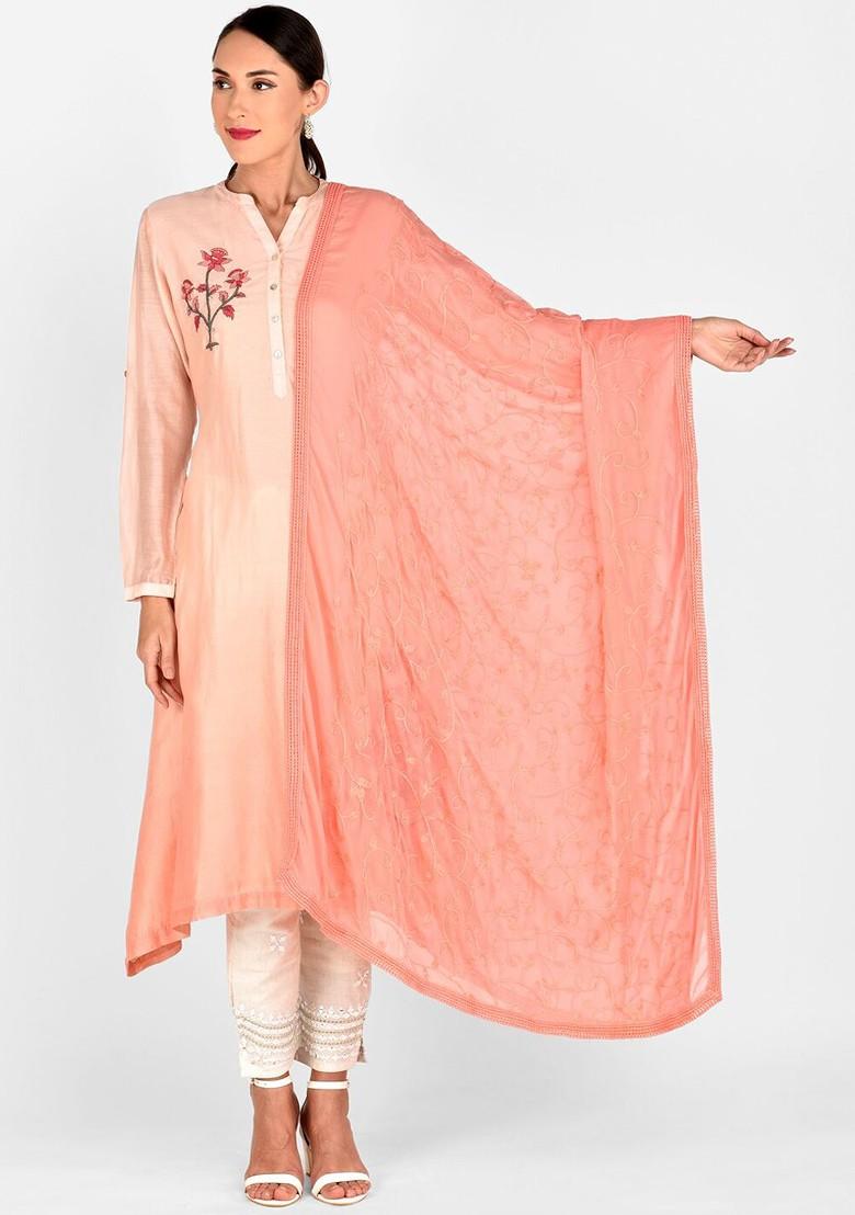 Peach Coloured Embroidered Dupatta