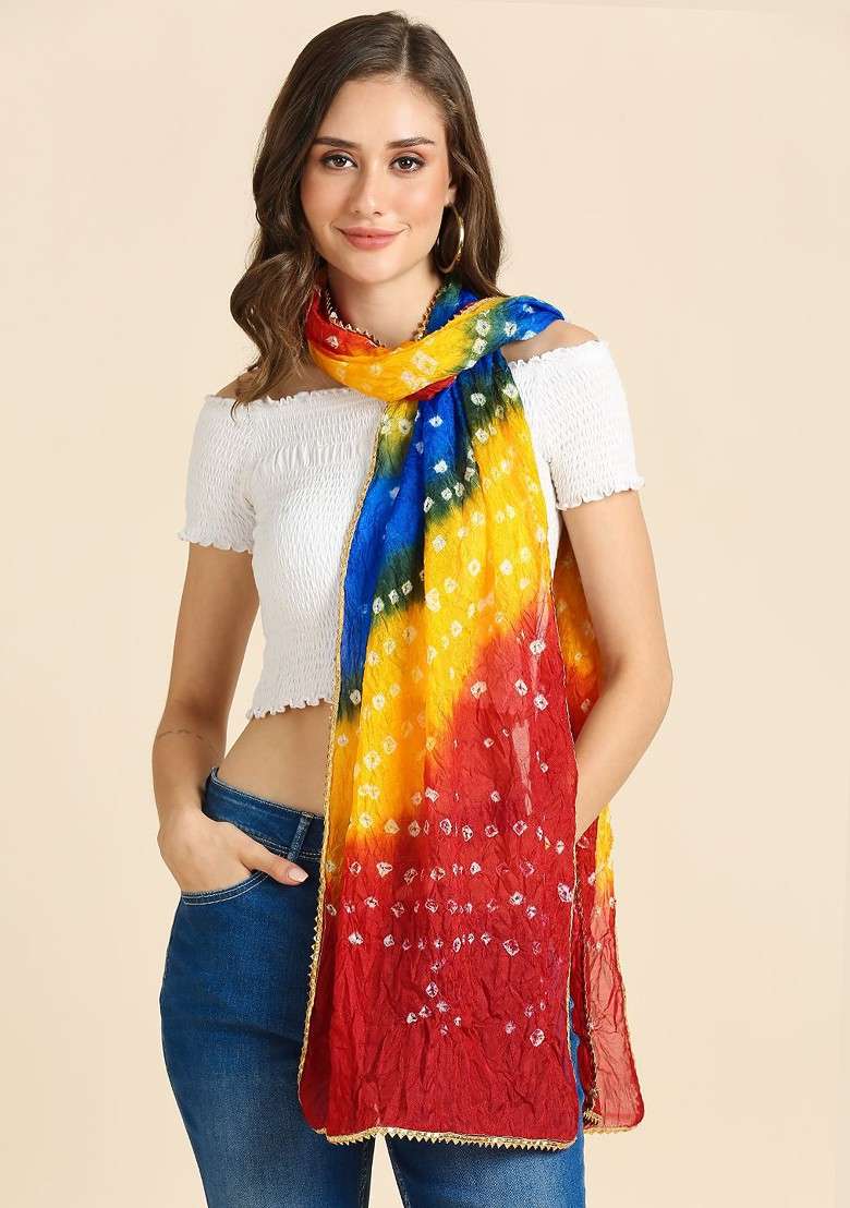 Women Bandhini Stole With Lace - Indya