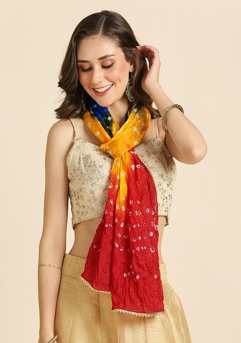 Women Bandhini Stole With Lace