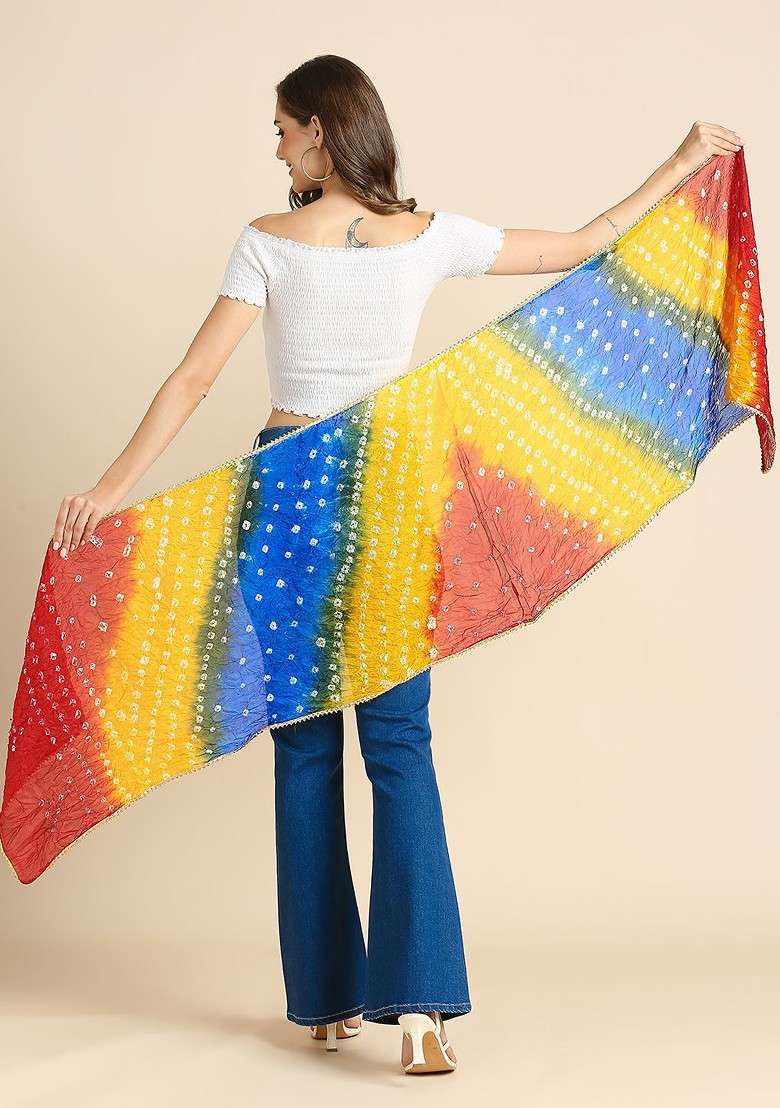 Women Bandhini Stole With Lace - Indya