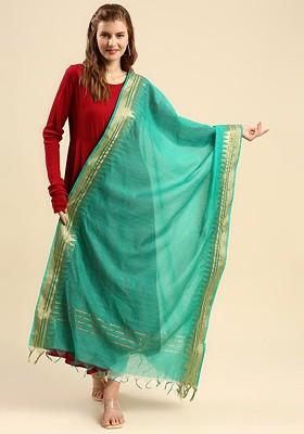 Sea Green And Gold Toned Tasselled Border Dupatta