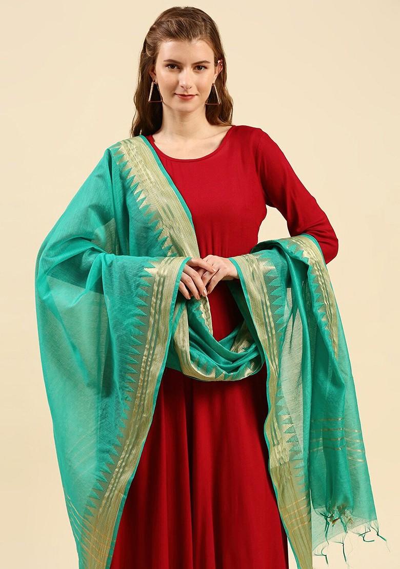 Sea Green And Gold Toned Tasselled Border Dupatta