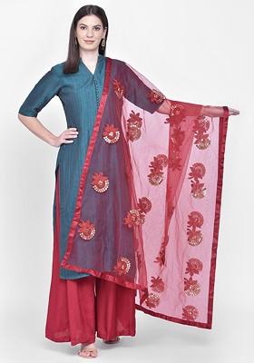 Maroon And Golden Floral Embroidered And Sequinned Dupatta