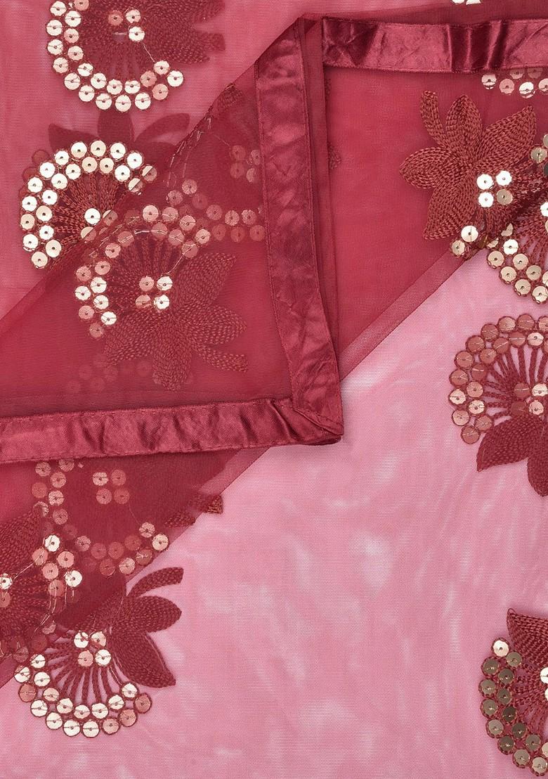 Maroon And Golden Floral Embroidered And Sequinned Dupatta