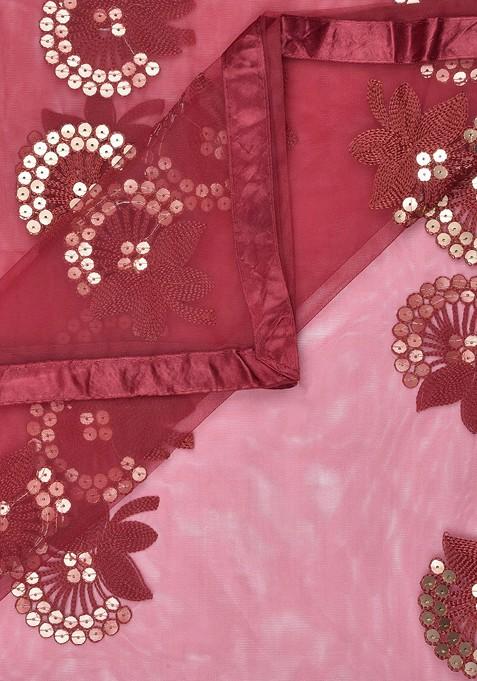 Maroon And Golden Floral Embroidered And Sequinned Dupatta