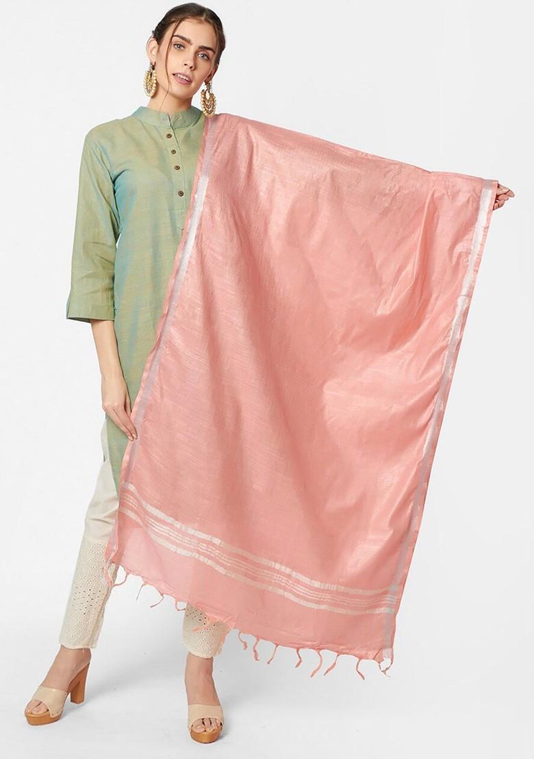 Peach And Silver Toned Linen Dupatta With Zari