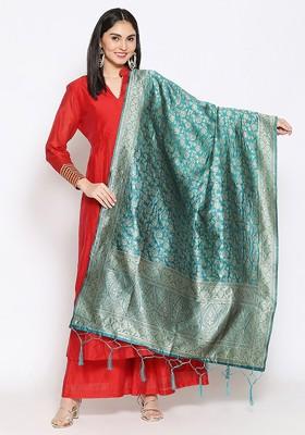 Teal And Gold Toned Ethnic Motifs Woven Design Dupatta