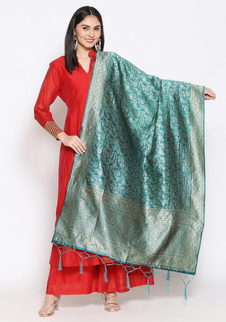 Teal And Gold Toned Ethnic Motifs Woven Design Dupatta