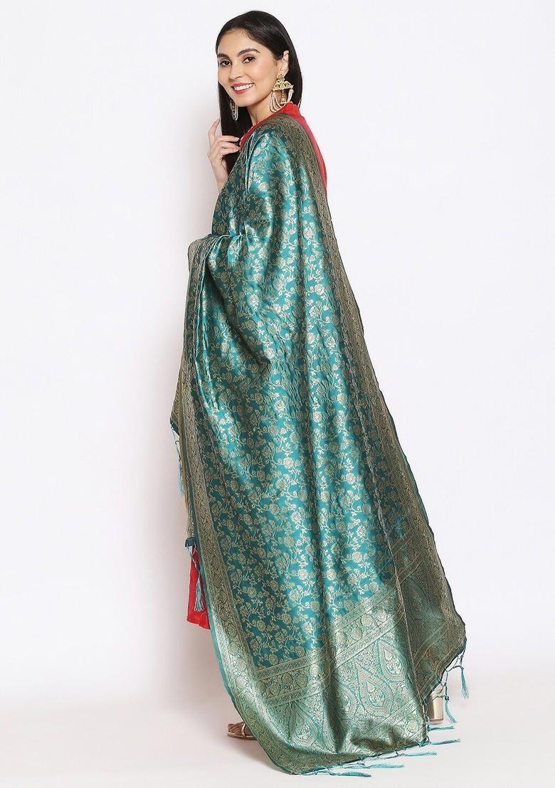 Teal And Gold Toned Ethnic Motifs Woven Design Dupatta