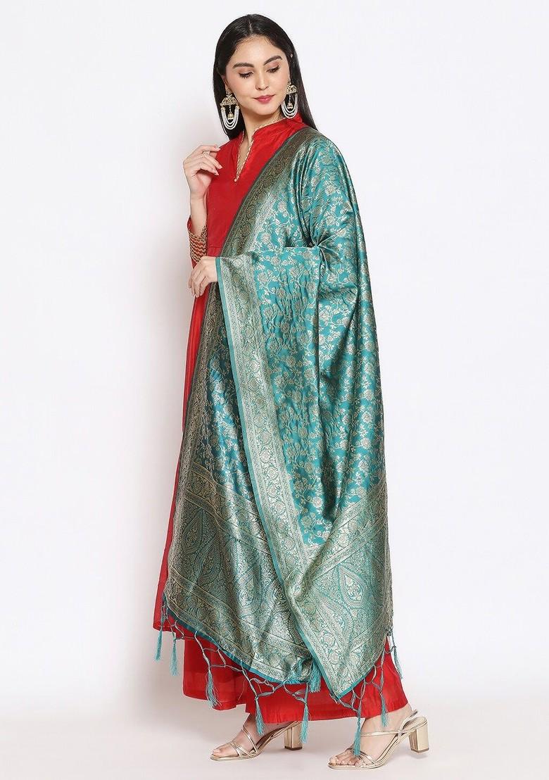 Teal And Gold Toned Ethnic Motifs Woven Design Dupatta