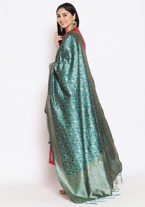 Teal And Gold Toned Ethnic Motifs Woven Design Dupatta