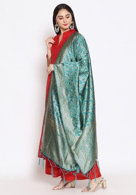 Teal And Gold Toned Ethnic Motifs Woven Design Dupatta