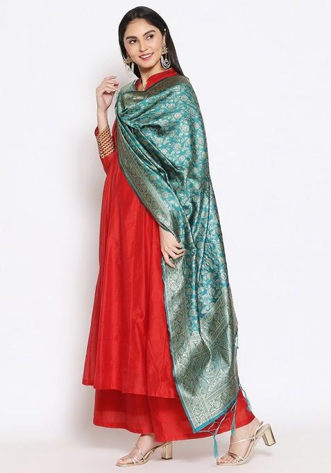 Teal And Gold Toned Ethnic Motifs Woven Design Dupatta