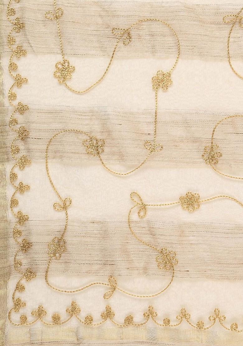Beige Embroidered Striped Dupatta