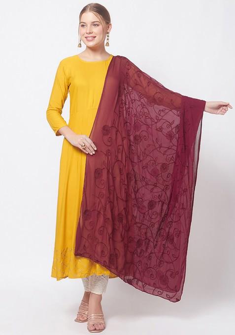 Burgundy Embroidered Dupatta