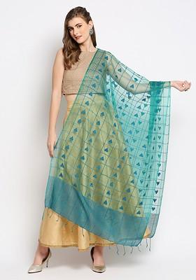 Green And Gold Toned Woven Design Organza Dupatta