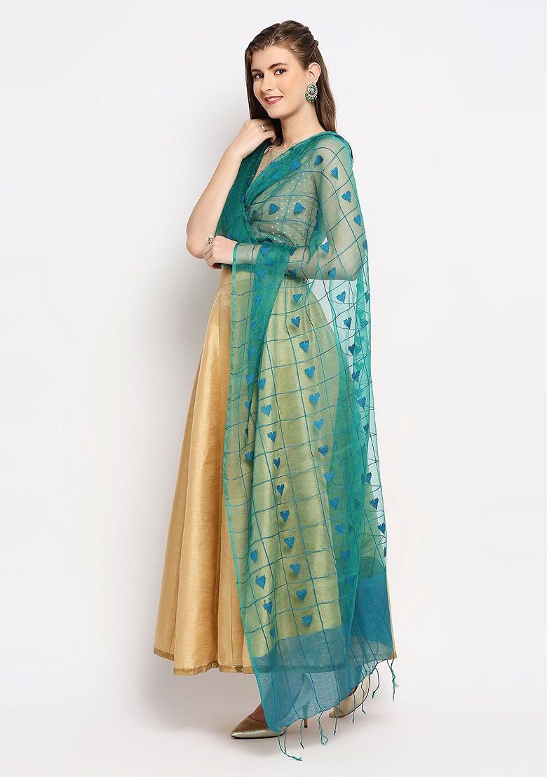 Green And Gold Toned Woven Design Organza Dupatta