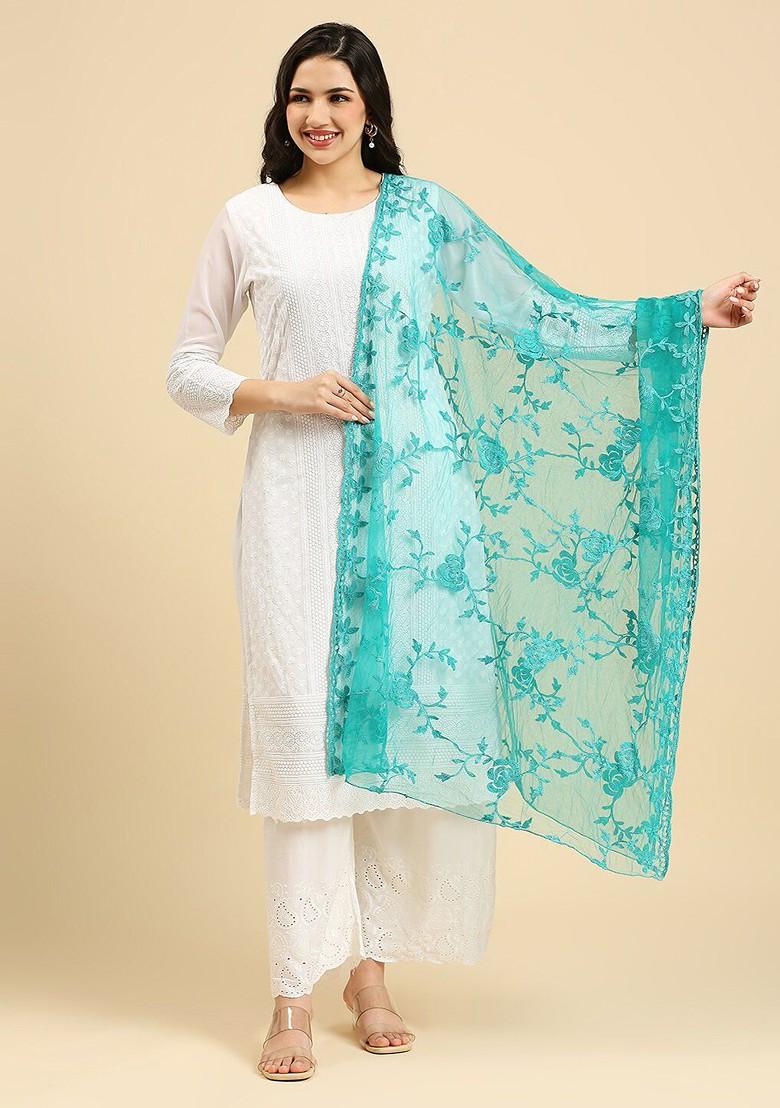 Floral Embroidered Thread Work Detailed Net Dupatta