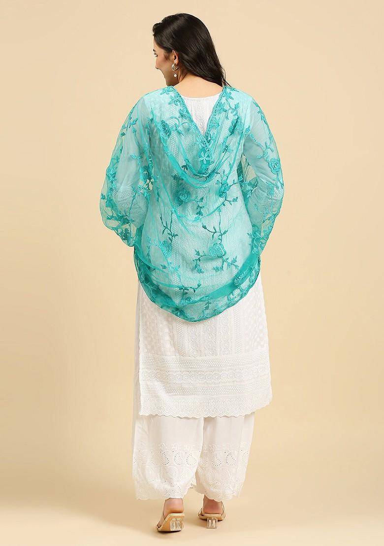 Floral Embroidered Thread Work Detailed Net Dupatta