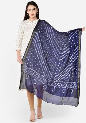 Navy Blue And White Printed Bandhini Silk Dupatta