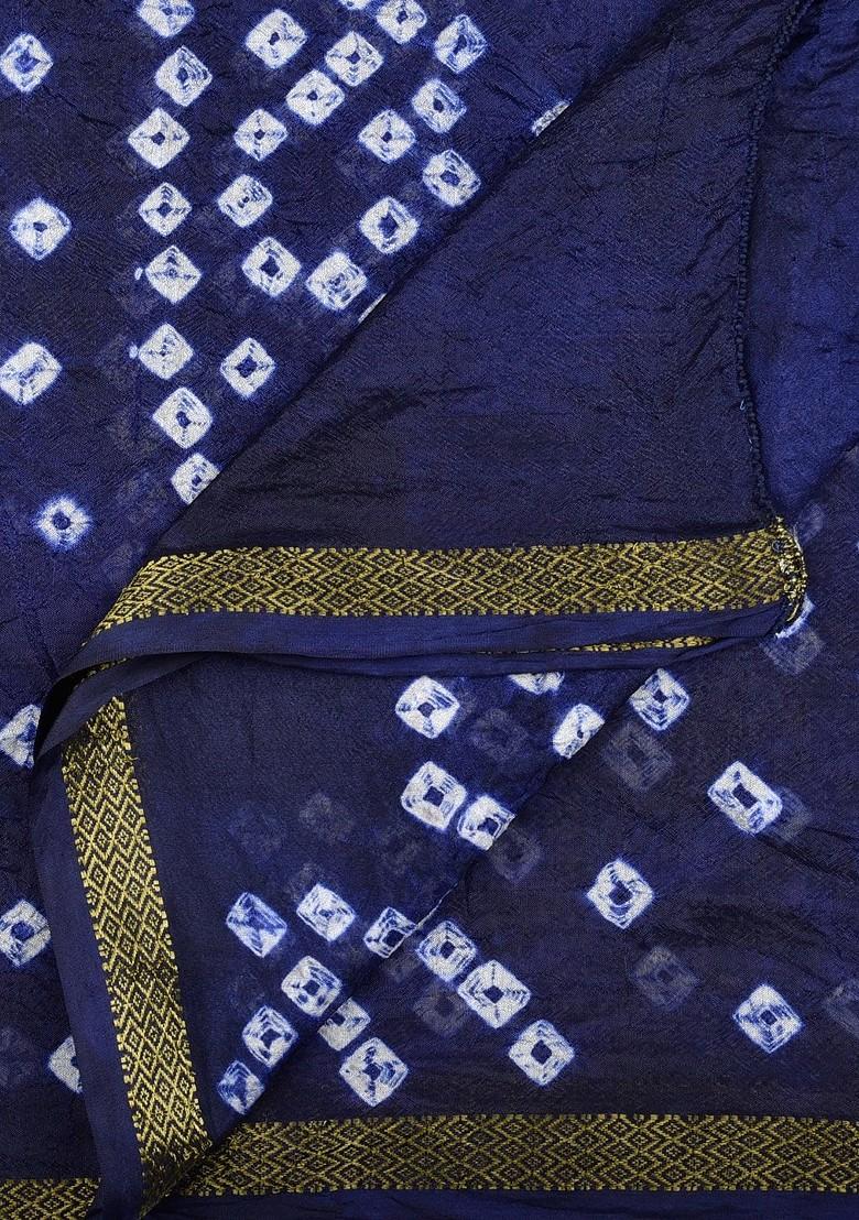 Navy Blue And White Printed Bandhini Silk Dupatta