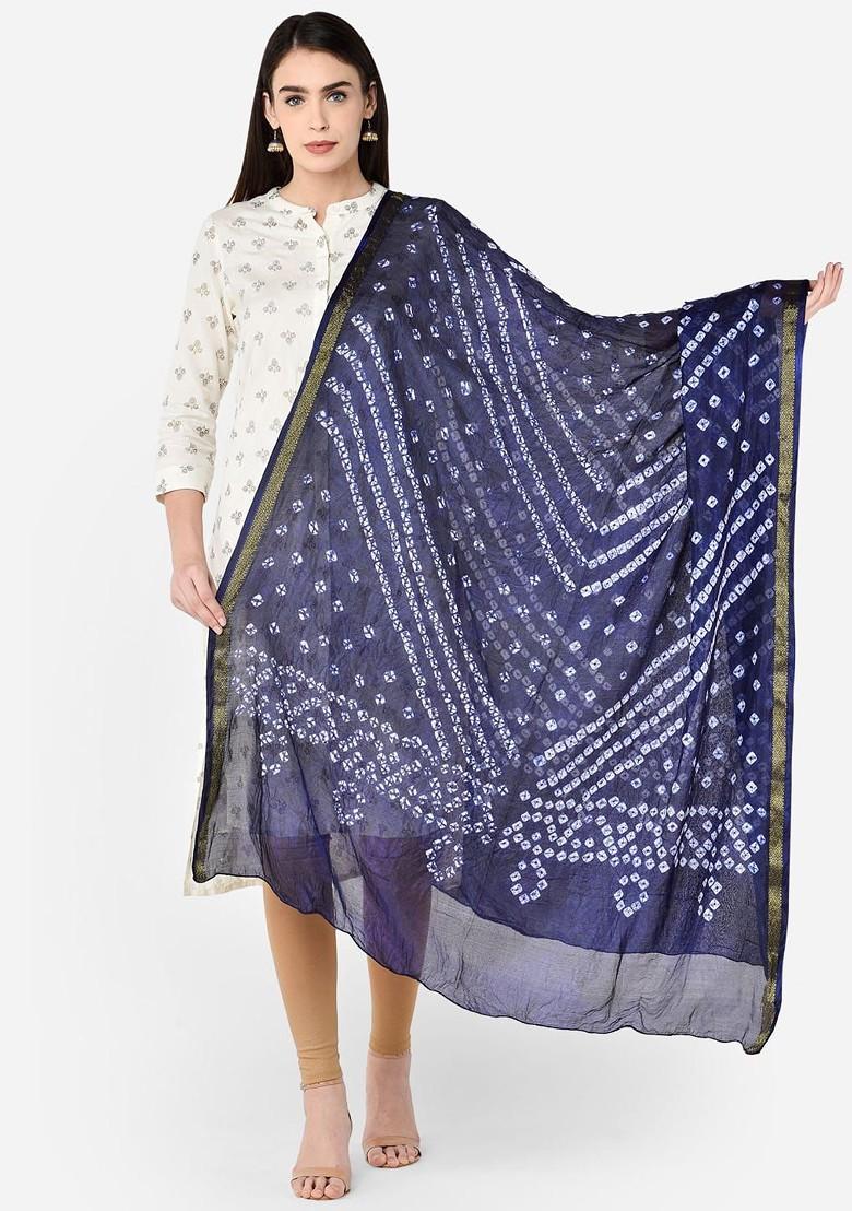Navy Blue And White Printed Bandhini Silk Dupatta