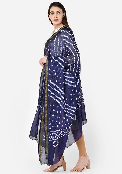 Navy Blue And White Printed Bandhini Silk Dupatta